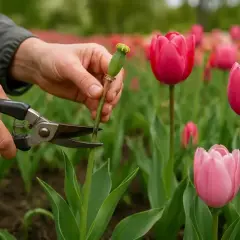 Ręce przycinają sekatorami łodygę z nasionami tulipanów po przekwitnięciu. W tle widać pole różowych i czerwonych tulipanów.