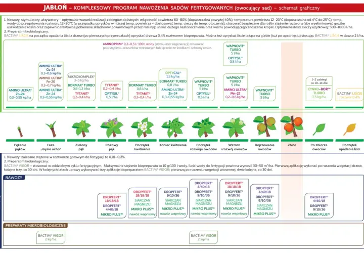 Schemat nawożenia jabłoni: etapy rozwoju drzewa, stosowane nawozy i preparaty mikrobiologiczne.