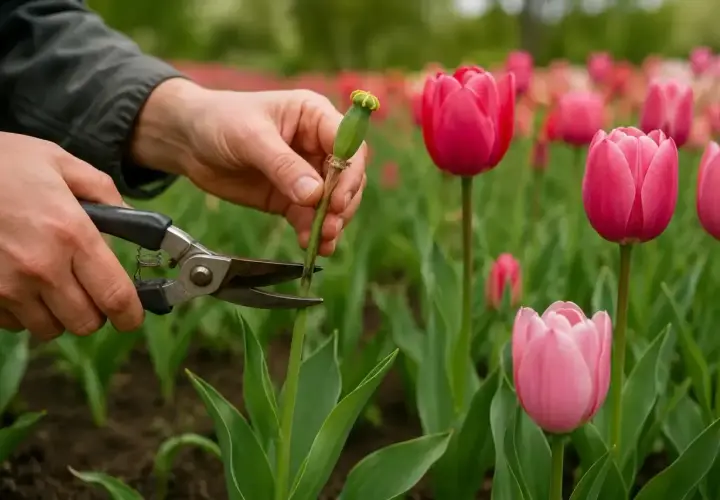 Ręce przycinają sekatorami łodygę z nasionami tulipanów po przekwitnięciu. W tle widać pole różowych i czerwonych tulipanów.