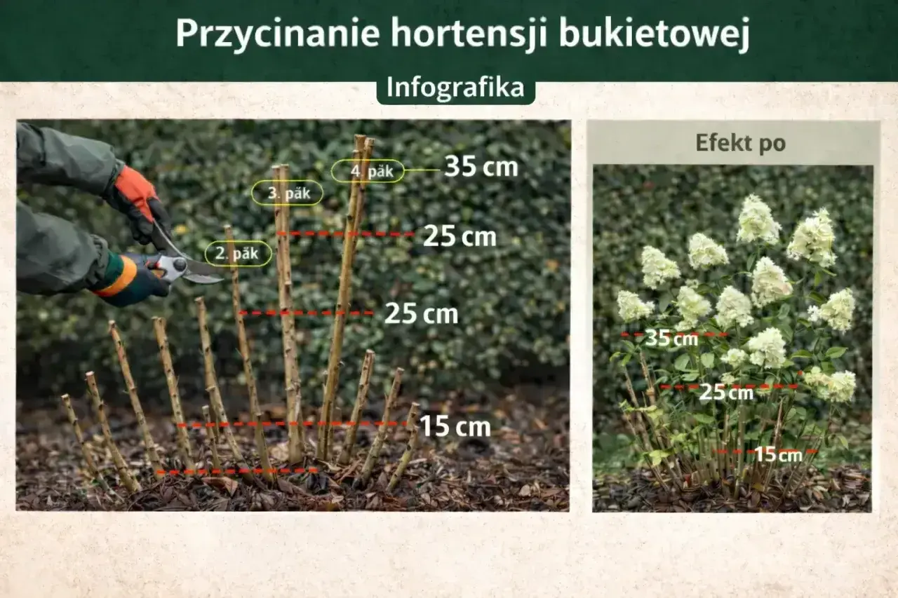 Instrukcja jak przycinać hortensje ogrodową: przycinanie pędów na różne wysokości (15, 25, 35 cm) dla obfitego kwitnienia.
