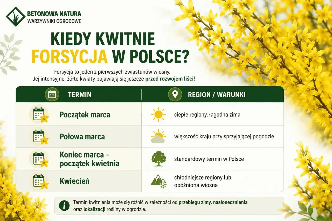 Kiedy kwitnie forsycja w Polsce? Intensywne, żółte kwiaty pojawiają się wczesną wiosną, od początku marca do kwietnia, w zależności od regionu i pogody.