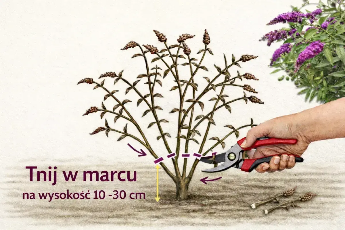 Prawidłowe budleja przycinanie w marcu na wysokość 10-30 cm. Sekatorem tniemy pędy, by roślina pięknie kwitła.