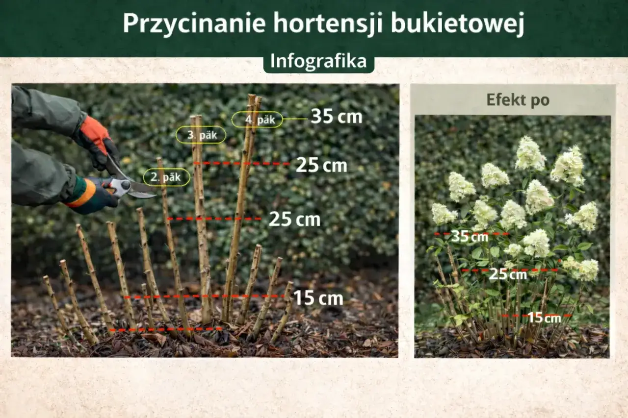 Instrukcja jak przycinać hortensje ogrodową. Pokazano przycinanie pędów na różne wysokości (15, 25, 35 cm) i efekt po zabiegu.